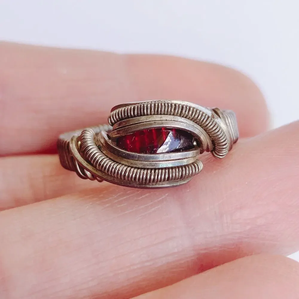 Artisan Wire Wrapped Silver Ring Red Glass Cabochon Y2K Boho Fantasy Style